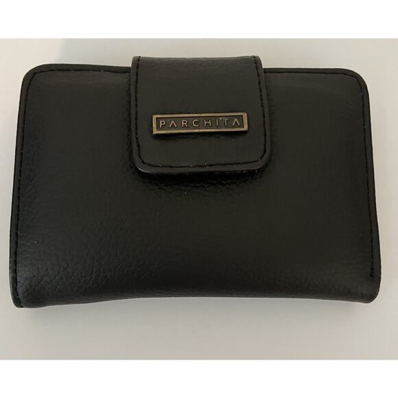 PARCHITA Black Logo Vegan Faux Leather Lightweight Compartment Snap‎ Wallet - Picture 1 of 5